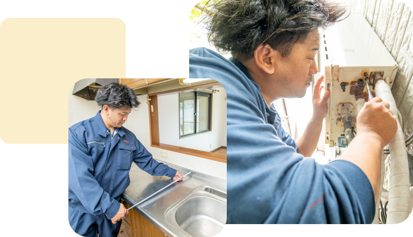 スタッフがキッチンの測定や施工をする様子